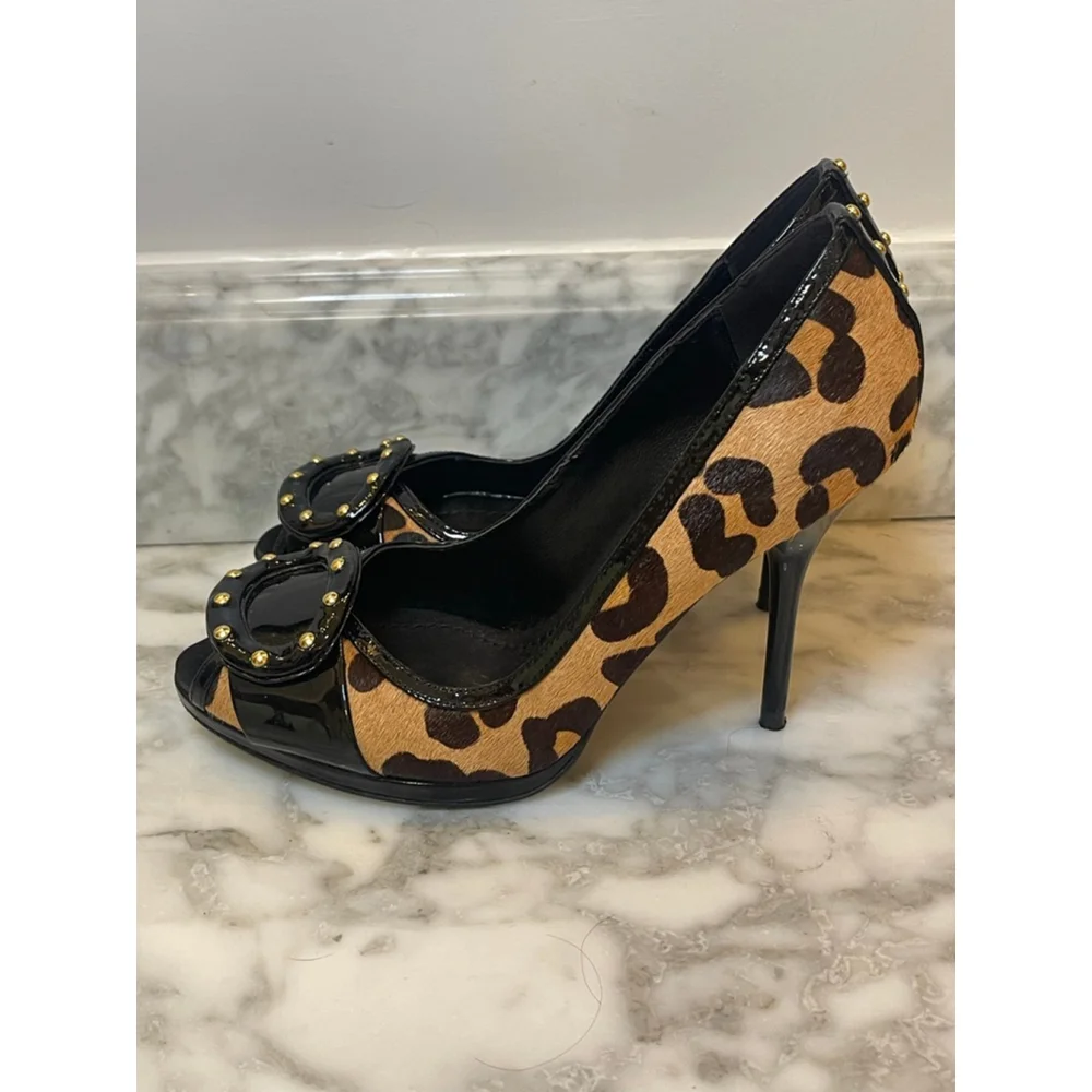 Y2K Bourne London Leopard Pony Hair Patent Leather Peep Toe Stiletto Heels Sz 37